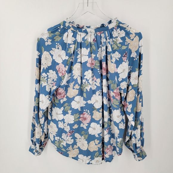 Alex & Jordan Blouse Womens Small Floral Blue Ruffle V Neck - Picture 6 of 10